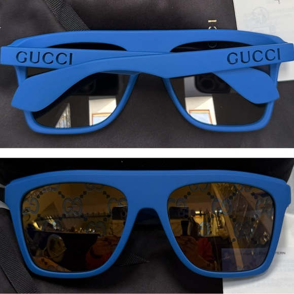 GUCCI MATTE BLUE GREY MIRRORED “GG” MONOGRAM SQUARE SUNGLASSES - Picture 2 of 16